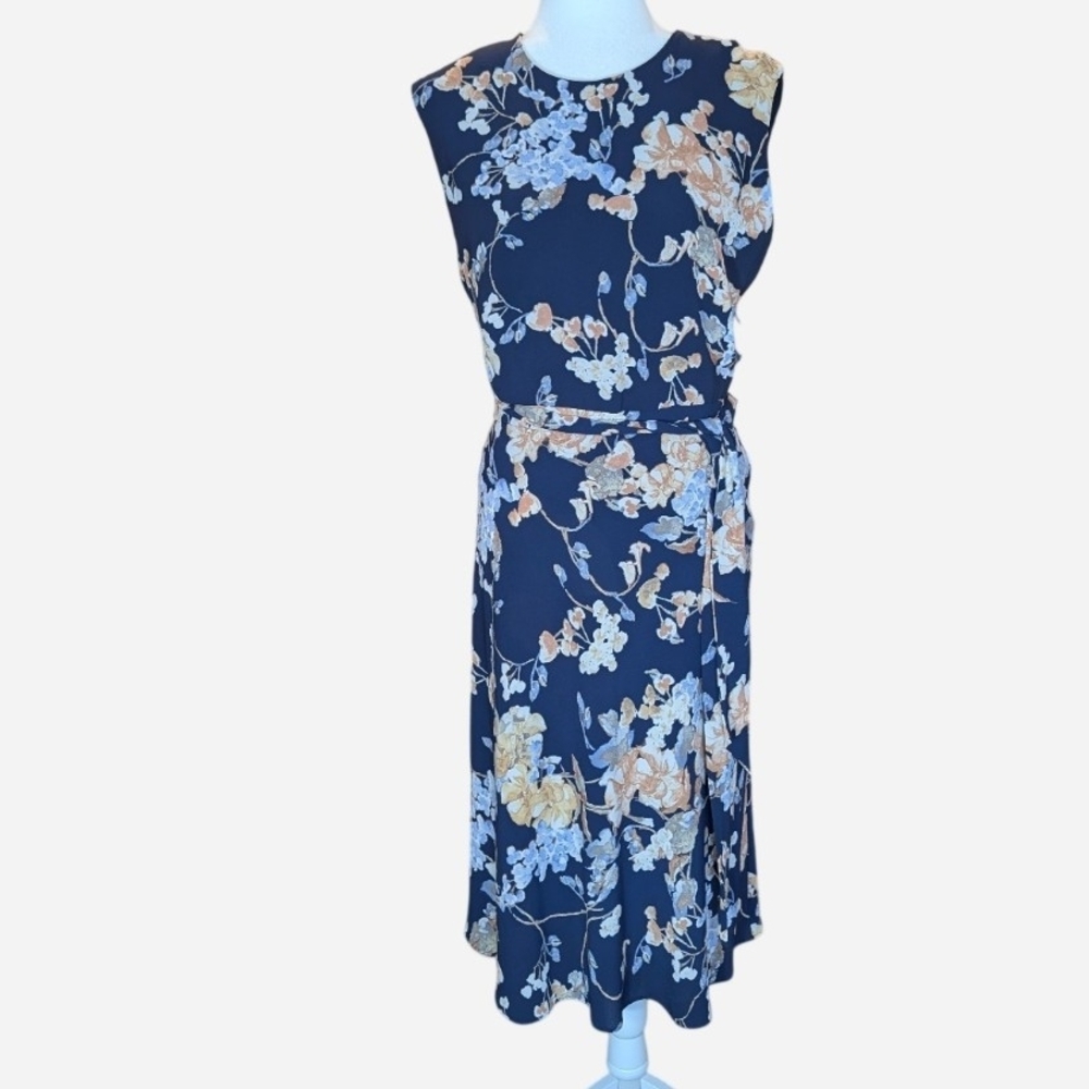 Pre-owned Ralph Lauren Navy and Beige Floral Midi Dress - Picture 2 of 12